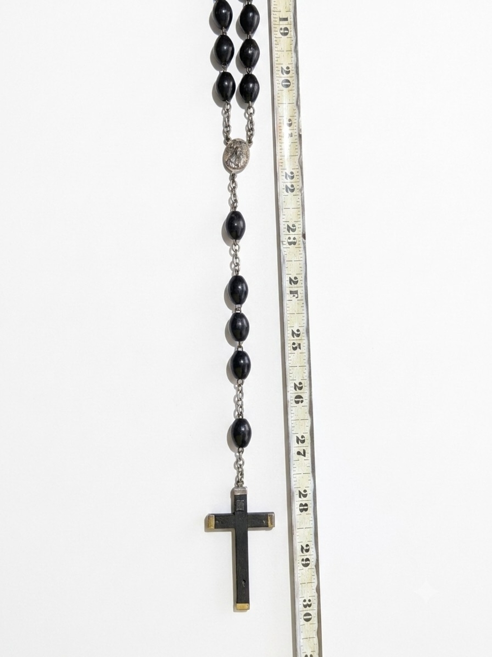 Mid-Century Italian Black Wood Rosary Silver Tone Crucifix Sacred Heart - Picture 2 of 8
